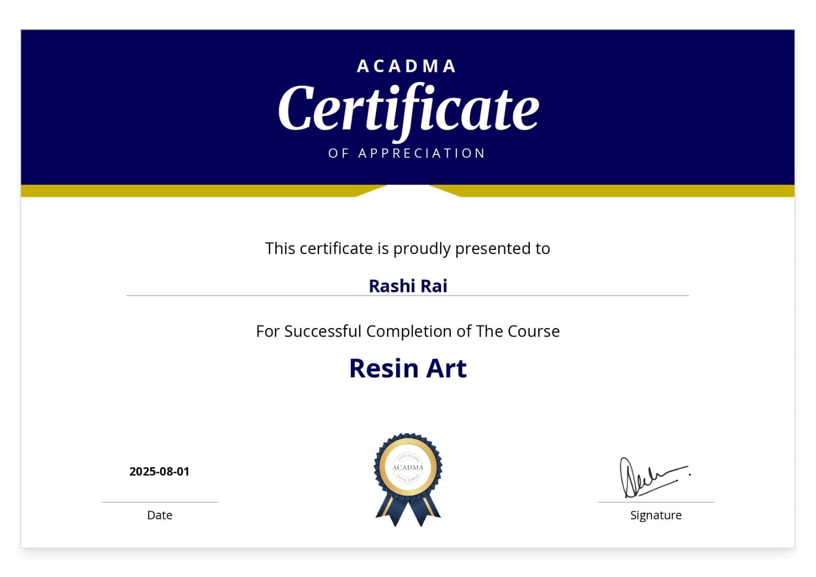 Acadma Certificate of Completion